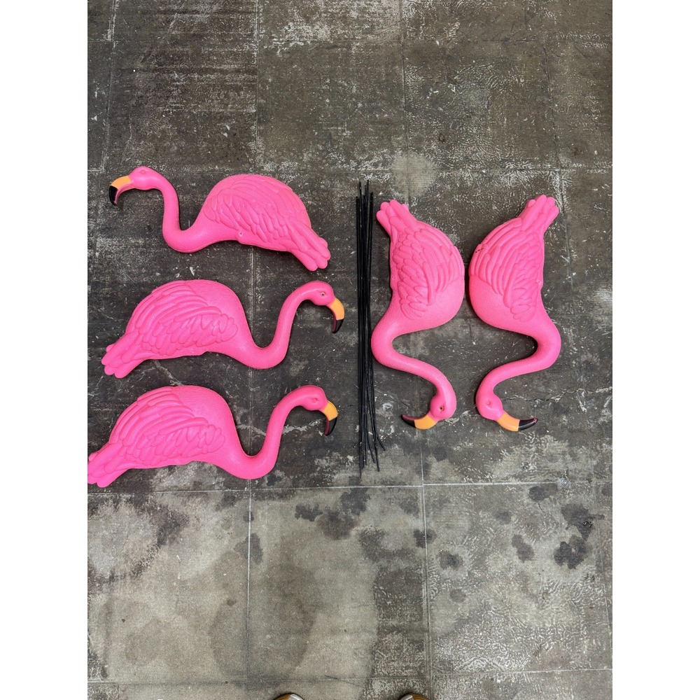 Vintage Blow Mold Pink Flamingos Yard Decor With Metal Legs Lot of 5